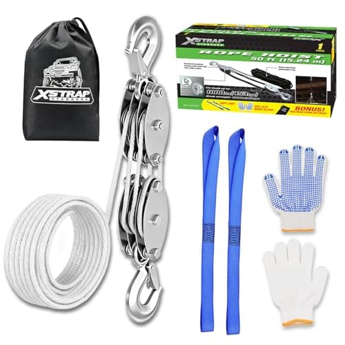 XSTRAP STANDARD Rope Hoist Pulley System, 1000LB Block and Tackle, 5:1 Lifting Power 50ft Heavy Duty Pulley Block for Hunting Lifting Heavy Objects with Anti-Slip Work Gloves, 2pcs Soft Loops, White - Image 1