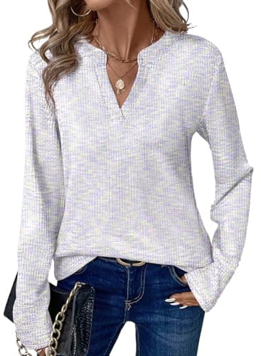 Dokotoo Long Sleeve Shirts for Women V Neck Waffle Knit Tops for Women Trendy V Neck T Shirts Womens Blouses Business Casual Outfits Spring Fashion 2026 Clothing Purple White Tops M - Image 1
