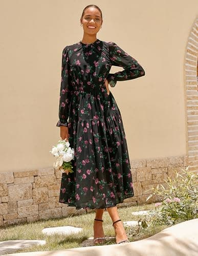 GRACE KARIN Women's Floral Chiffon Dresses Puff Long Sleeve Flowy Wedding Guest Dress Smocked Tiered Maxi Dresses Black L - Thumbnail 4