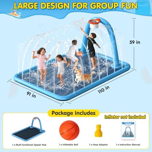 Instraella Splash Pad for Kids, 110 x 91'' Large 2-in-1 Sprinkler Mat with Basketball Hoop, Inflatable Splash Pad for Backyard Outdoor Water Play, Summer Water Toys for Boys and Girls - Thumbnail 5