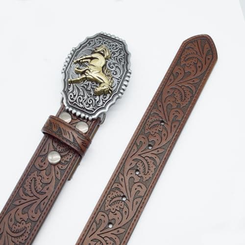 EONTISO Western Belt for Women Cowgirl Cowboy PU Leather Belts for Jeans, Floral Embossed Vintage Buckle, HorseBrown S - Thumbnail 5