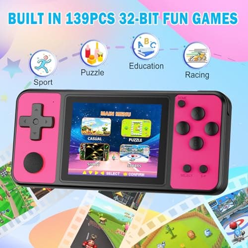 Beico 32 Bit Kids Handheld Games Preloaded 139 Video Games,Portable Electronic Toys with 3.0" IPS Screen Rechargeable Battery,Gaming System Birthday Gifts for Boys Girls Ages 4-12 (Rose-Red) - Thumbnail 2