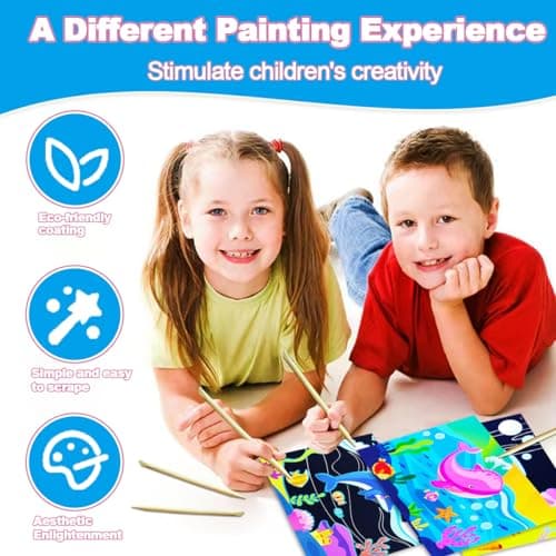 BAOXUE Scratch Art for Kids, Sea Black Rainbow Scratch Paper Set-Arts and Crafts & Supplies, DIY Activity & Party Games, Magic Paper Gifts for Toddlers, Girls, Boys - Thumbnail 3