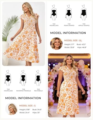 GRACE KARIN Casual Summer Dress for Women 2026 V-Neck Short Sleeve Smocked Midi Dress Yellow Floral XL - Thumbnail 6