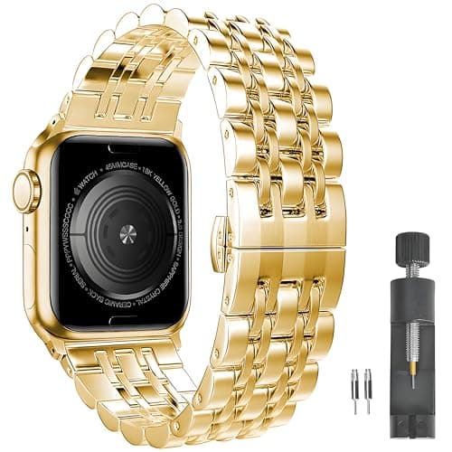 PUGO TOP Luxury Stainless Steel Band Compatible with Apple Watch Ultra 3/2/1 (49mm) & Series 11 10 9 8-1 SE 3/2/1 (46/45/44/42/41/40/38mm), Professional Business Dressy Metal Strap with Butterfly Clasp for Men Women, Adjustable Link Two-Tone Bracelet with Removal Tool - Image 1