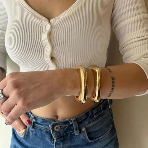 AYWFCBF Bangle Bracelets for Women | 14K Gold Plated Chunky Bangle | Trendy Hinged Wide Bracelet | Arm Cuff Jewelry for Women - Thumbnail 4
