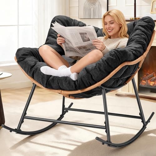 TEROL Outdoor Comfy Rocking Chair with Thick Cushion, Rattan Rocker Egg Chair Indoor with Straps, Patio Rocking Chair 450lbs for Garden, Backyard, Balcony, Lawn, Bedroom, Living Room (Black) - Image 1