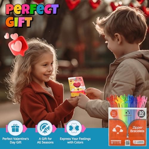 UpBrands 30 Valentine's Day Cards for Kids School & Fidget Zipper Bracelets Party Favors Toys, Bulk Valentine's Day Gifts for Kids, Classroom Exchange Gifts - Thumbnail 3