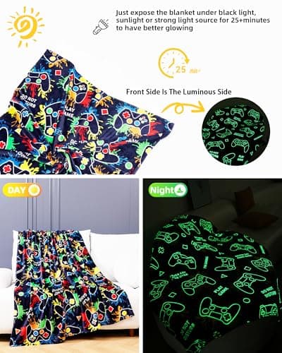 Gaming Gifts for Gamer Glow in The Dark Blanket: Cool Birthday Glowing Presents Toys for Video Game PC Gamers Men Teen Boys Kids Adults Girls Valentines Easter Christmas Ideas Throw Navy Blue 60x50 In - Thumbnail 3