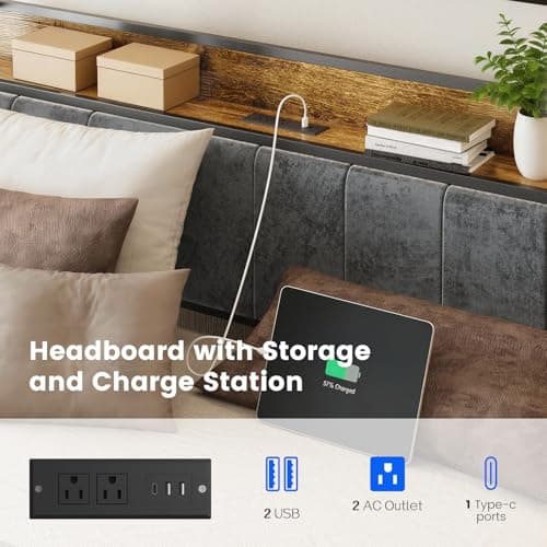 ALBERTO Full Size LED Bed Frame with Charging Station, Upholstered Headboard, Sturdy Metal Platform with Slats, No Box Spring Needed - Thumbnail 4