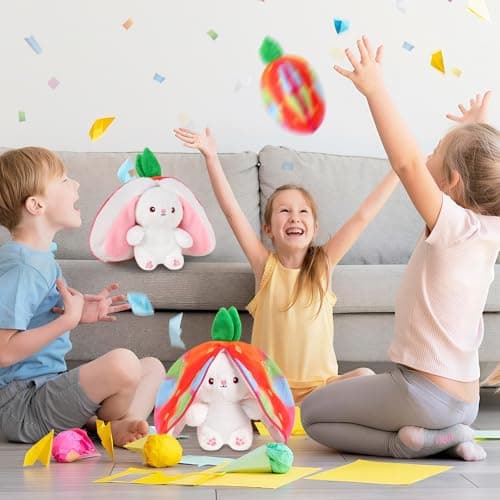 MIAODAM Rainbow Strawberry Bunny Stuffed Animal, Rainbow and Strawberry Bunny Plush Turn Into Rabbit Fruit Doll, Plushie Cute Bunny Toy for Baby (7 inch) - Thumbnail 6