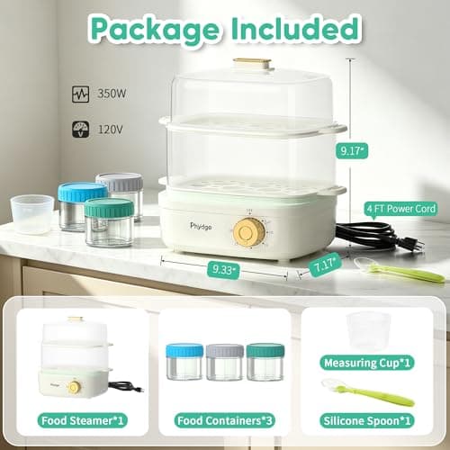 Electric Food Steamer for Cooking, 2-Tier Rapid Egg Cooker, Stackable Steam Cooker for Baby Food, Meal Prep, Quick Healthy Cooking for Vegetables, BPA-Free, 30-Min Timer, 3 Containers&1 Spoon Included - Thumbnail 2