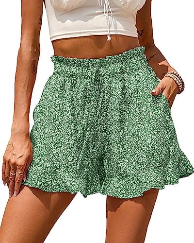 BTFBM Shorts for Women Spring Summer 2026 Beach Vacation Clothes Boho Floral Belted Casual Ruffle Short Pants Pocket Outfits(Floral Green, Small) - Image 1