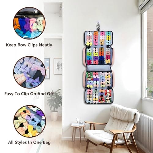 Miiinaps Baby Girl Hair Bow Organizer Bag - Multi-Pocket Hair Accessories Storage with Hanging Hook and Transparent Pockets for Hair Clips, Headbands, Scrunchies, Portable Travel Carrying Case (Pink) - Thumbnail 4