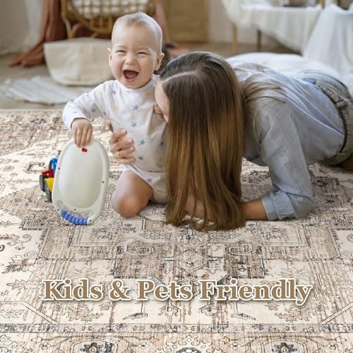 Area Rug 5x7 Washable Vintage - Soft Traditional Rugs for Living Room Large Non Slip Backing with Low Pile Farmhouse Oriental Retro Carpet for Bedroom Dining Room or Home Office - Tea Brown - Thumbnail 3