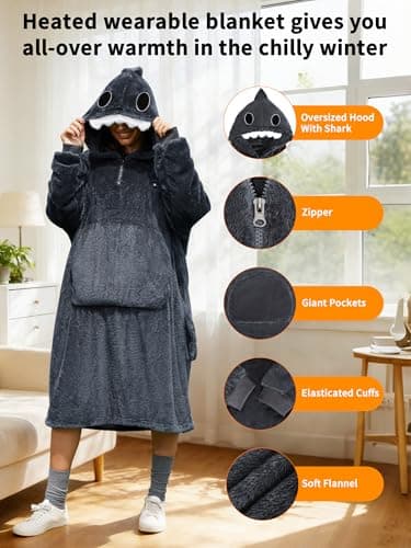 VOFUOTI MAX Shark Wearable Heated Blanket,Cordless Electric Heating Blanket Hoodie with 16000mAh Battery, Heated Robe Oversized Sweatshirt Throw Blanket Shawl with Sleeves - Thumbnail 3