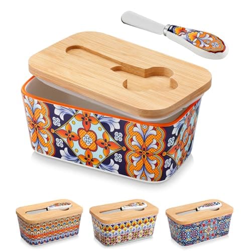 vancasso SIMI Butter Dish with Lid, 6.5" Large Butter Dish for Countertop, Bohemian Ceramic Butter Keeper Container with Knife and Bamboo Lid, Butter Holder for Counter, Amber Elegance - Image 1