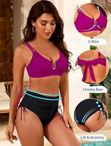 Nillocco Womens High Waisted Bikini Sets 2 Piece Curvy Modest Tummy Control Swimsuits Couture U-Wire Beach Swim Bathing Suit Purple X-Large - Thumbnail 3
