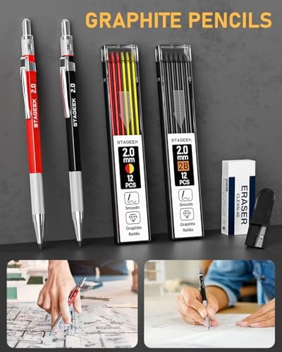 17 Pack Mechanical Carpenter Pencil Set with Sharpener 40 Refills, Automatic Center Punch, Carbide Scribe Tool, Eraser and Deep Hole Marker Pen, Heavy Duty Construction Pencil for Architect with Pouch - Thumbnail 3
