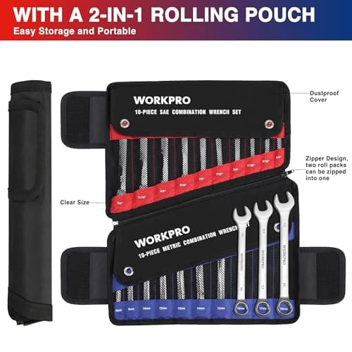 WORKPRO 20-piece Combination Wrench Set, Metric 6-18mm & SAE 1/4”- 3/4”, Cr-V Steel, 12-point Wrenches Set with 2-in-1 Rolling Pouch - Thumbnail 2