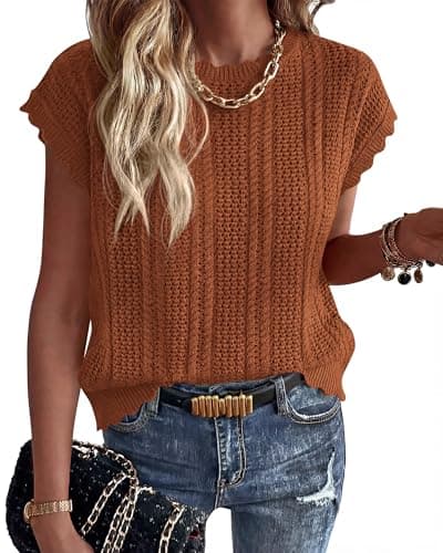 KIRUNDO Crochet Tops for Women Cap Short Sleeve Sweater Vest 2026 Spring Summer Cable Knit Pullover Beach Vacation Outfits(Caramel, Small) - Image 1