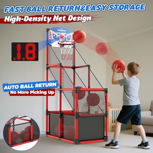 EagleStone Kids Adjustable Arcade Basketball Hoop with LED Lights & Scoreboard, 4 Balls Ball Storage Net, Indoor Outdoor Carnival Basketball Game Set for Boys & Girls Ages 3-12, Pump Included - Thumbnail 6