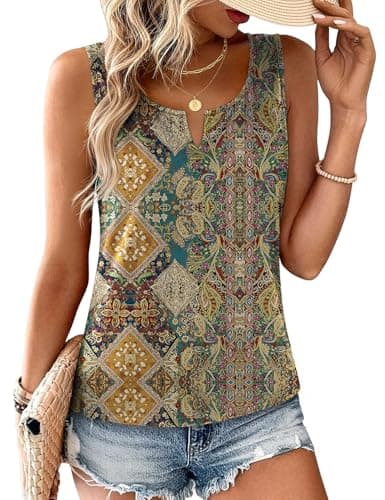 JUSTFASHIONNOW Boho Tank Tops for Women V Neck Sleeveless Tops Dressy Casual Blouses Work Shirts Summer Beach Vacation Clothes(Yellow, XX-Large) - Image 1