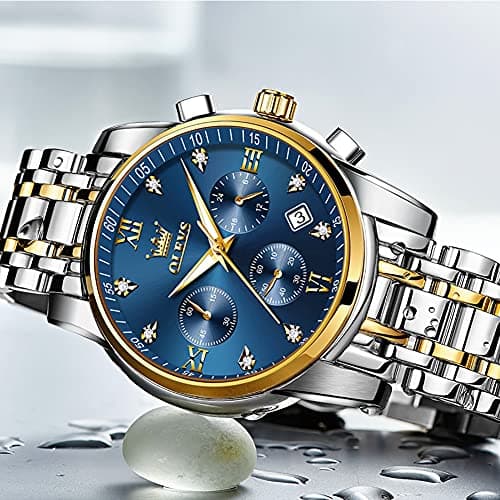 OLEVS Watch Men Silver Stainless Steel Blue and Gold Mens Watches Luminous Waterproof Moon Phase Watches for Men Big Face Chronograph Analog Quartz Wrist Watch for Man Luxury Reloj de Hombre - Thumbnail 4