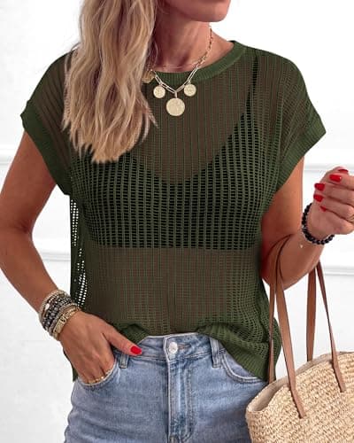 KIRUNDO Crochet Tops for Women 2026 Summer Beach Vacation Clothes Cover Up Mesh Top Lightweight Sweater Cruise Resort Wear(Army Green, Large) - Thumbnail 5