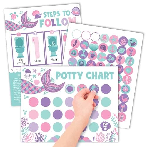 Hadley Designs Potty Training Chart for Toddlers Girls -10 Sticker Potty Chart for Toddlers Girls, 8.5x11" Potty Training Sticker Charts for Toilet Success, Mermaid Toddler Reward Chart for Kids