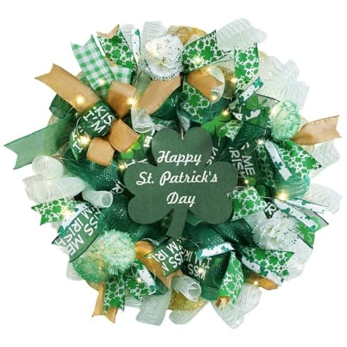 Presentastic 25 Inch Large St Patricks Day Decorations Wreath, Handmade Artificial Shamrock Wreath for Front Door with LED Lights, Kiss Me Im Irish for Wall Decor Window, Saint Paddys Day Decorations - Image 1