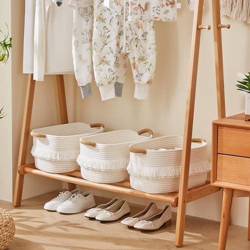 BUBUSUN Woven Baskets, 3-Pack Storage Basket for Living Room, Bedroom, Nursery, Stylish Gift Basket with Handles, Cotton Rope Basket for Toys and Shelves, Multi-Purpose Organizer, White - Thumbnail 6