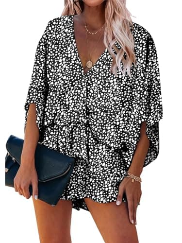 PRETTYGARDEN Women's Leopard Print Shorts Jumpsuit Wrap V Neck 3/4 Sleeve Casual Loose Oversized Romper With Pockets (Black, Medium) - Image 1