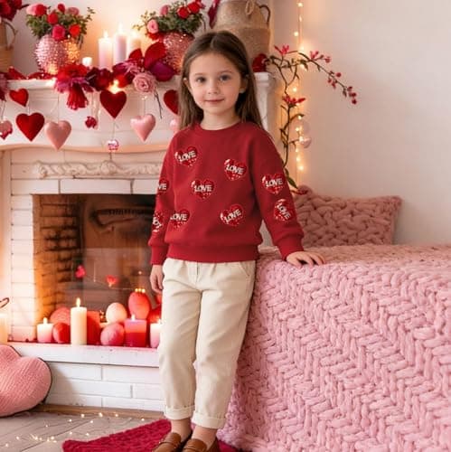 Eatbook Toddler Girl Valentine Sweatshirt Sequin Kids Valentine's Day Shirt Valentine Heart Crewneck Sweatshirt Red - Thumbnail 3