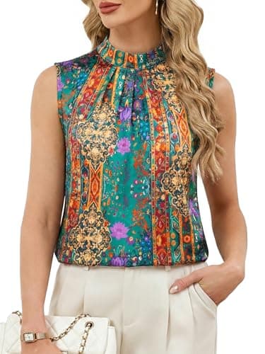 Funlingo Womens Tank Tops Silk Satin Summer Blouse for Women Dressy Casual 2026 Mock Neck Camisole Top Pleated Work Shirts Ethnic Prints 2XL - Image 1