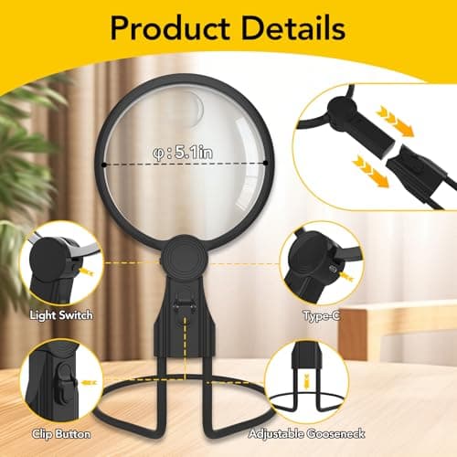2500mAh Magnifying Glass with Light, 5X/10X Hands Free Magnifier for Reading, Sewing, Knitting, Cross Stitch & Crafts, Lighted Magnifier for Seniors & Low Vision - Thumbnail 6
