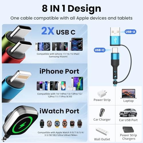 Jogrytece Travel Essentials,USB A/C 4 in 2 Multi Charging Cable for i Watch Charger/Type C Charger/IP Port,Travel Chargers for Multiple Devices, Portable Designed for iWatch &iPhone 17-12 5FT - Thumbnail 2