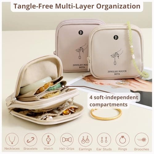 tianzong Small Travel Jewelry Case, Bridesmaid Gifts, Tangle-Free Jewelry Pouch Bag with Gift Box, Waterproof PU Jewelry Organizer for Valuables (Pink, Double Zipper) - Thumbnail 2