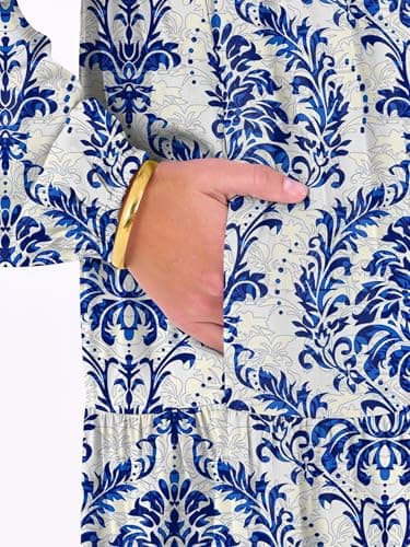 ANRABESS Womens Long Sleeve Boho Maxi Dress 2026 Fall V Neck Floral Striped Casual Loose Fit Beach Vacation Dresses Blue Khaki Large - Thumbnail 6