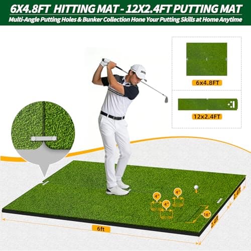 6x4.8ft Golf Hitting Mat for Indoor Outdoor Practice, High-Elasticity Golf Practice Driving Range Turf Mat, Convertible 2IN1 Golf Hitting & Putting Mat for Garage Simulator Training, Gifts for Men/Dad - Thumbnail 2