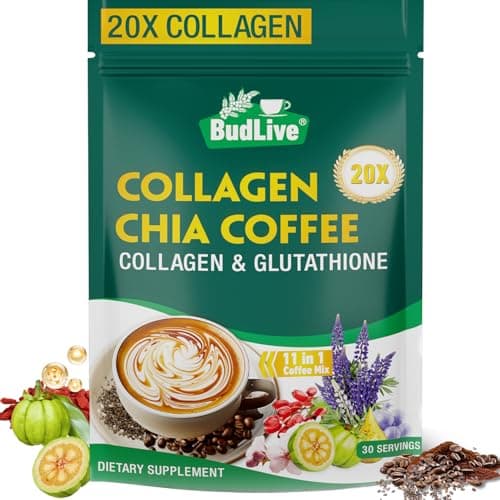 BudLive 20X Collagen Chia Coffee, 11 in 1 Chia Coffee Mix with Collagen & Chia Seeds, Goji Berry, Blueberry, Strawberry, Supports Hair, Skin & Nails, Sugar Free, Vegan, Gluten-Free, 30 Servings
