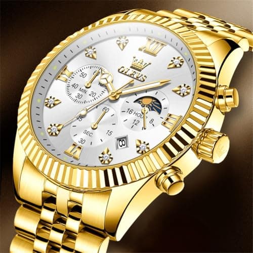 OLEVS Watches for Men Gold Stainless Steel Band, Classic Quartz Analog Wristwatch, White Dial Men's Dress Watch for Business and Daily Wear - Thumbnail 3