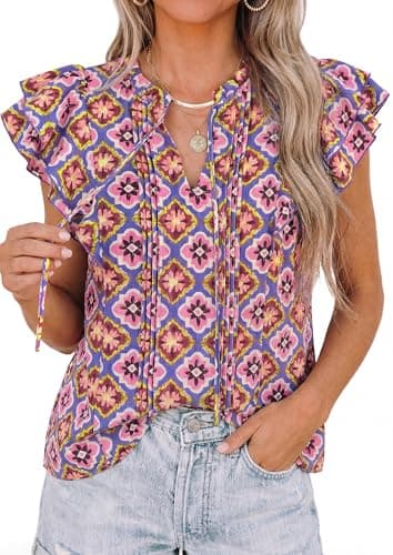 PRETTYGARDEN Women's Boho Flutter Sleeve Blouses Floral Print V Neck Summer Tops Casual Dressy Work Shirts Spring Clothes (Floral Purple Red,XXL) - Thumbnail 4