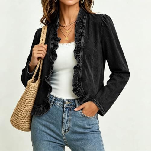 Womens Denim Jacket Lightweight Trendy 2026 Summer Fall Black X-Large - Thumbnail 3
