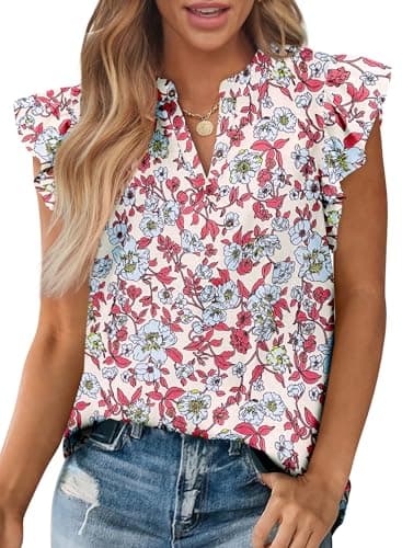 Zenlonr Womens Dressy Casual Tops 2026 Summer Ruffle Cap Sleeve V Neck Shirts Boho Floral Blouses Vacation Outfits(Floral Beige Multi,X-Large) - Image 1
