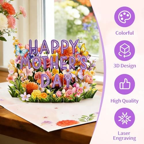 FaCraft Mothers Day Card Pop Up - Large 8x6 4-Layer 3D Flower Garden & Butterfly Centerpiece for Mom Grandma Wife - Handmade Happy Mother’s Day Card with White Pearlescent Envelope, Writing Note, Seal - Thumbnail 4