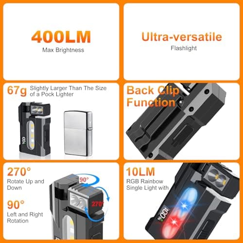 HJKLIUT G5 EDC Flashlight 400 Lumens – Super Bright Rechargeable Mini Light with 180° Rotatable Magnet, 3 Modes Dual Light, IP68 Waterproof, Portable Pocket Light for Outdoor Emergency (Black) - Thumbnail 5