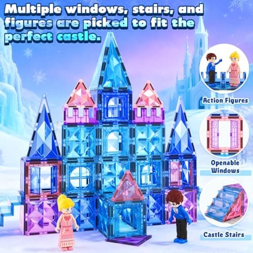 Magnetic Tiles 102pcs with 2 Stairs 2 Dolls Princess Castle Building Girls Toys Age 4-5 6-8 Magnetic Blocks Birthday Xmas Gifts for Girls Toys for 3 4 5 6 7 8+ Year Old - Thumbnail 4