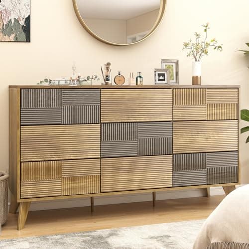 Hadulcet Wooden Dresser for Bedroom, 55” Wide Mid Century Modern Fluted 9 Drawers Dresser Storage Clothes for Closet Organizer, Handleless Design, Push to Open, Dark Wood - Thumbnail 3