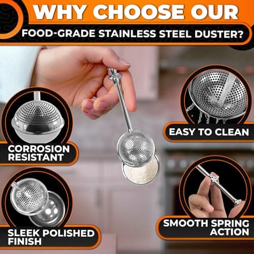 Flour Shaker Duster – 18/8 Stainless Steel Flour Duster for Bread Baking with One-Handed Operation – Cocoa, Cinnamon, Spices & Powdered Sugar Duster with Spring Handle | Tea Brewing | Dishwasher Safe - Thumbnail 3
